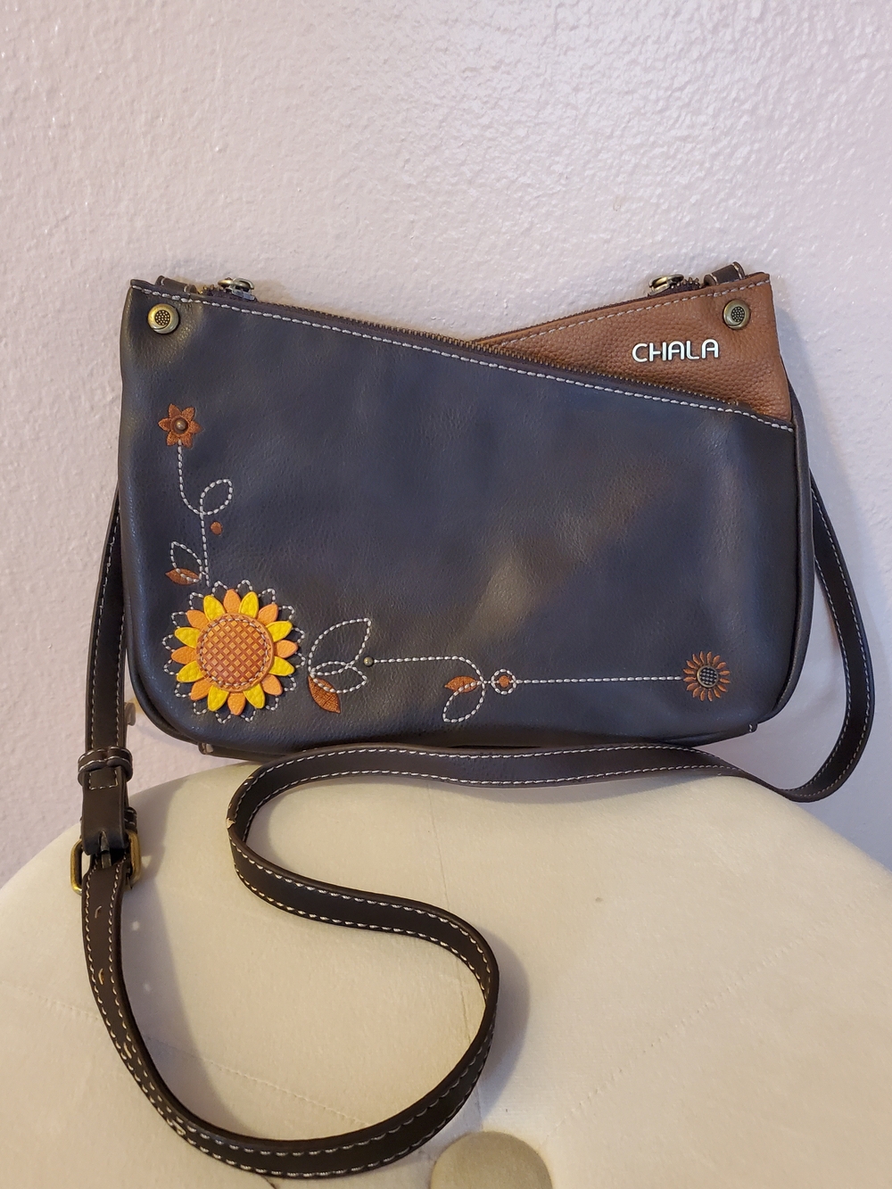 Chala Women's Brown Crossbody Bag with Sunflower Accent
